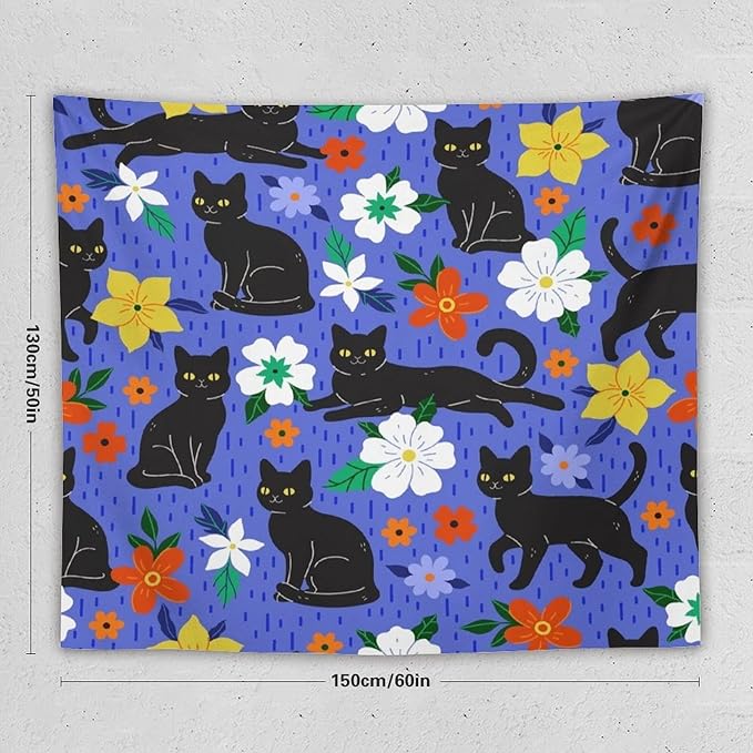 VUMIVI Black Cat Floral Tapestry Red White Hand-Painted Flowers Cute Animals Kids' Doodles Tapestry Wall Hanging for Living Room Bedroom Dorm Classroom Aesthetic Decor W60xL50in