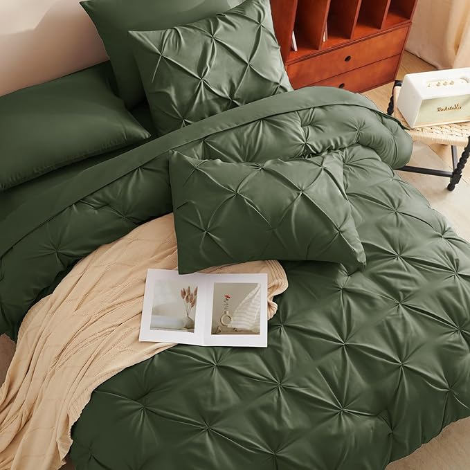 CozyLux King Size Comforter Set Olive Green, 7 Pieces Pintuck Bed in A Bag Green Comforter King Size, Pinch Pleat Bedding Set with All Season Comforter, Sheets, Pillowcases & Shams