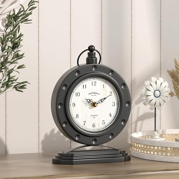 Vintage Table Clock, Desk and Shelf Mantel Clock, Antiques London Style Black Decor Clocks, for Farmhouse, Living Room, Bedroom, Bedside, Gift (8.8" H x 6.3" W)