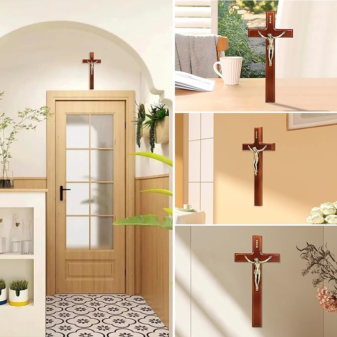 SISSIDA Crucifix Wall Cross, 12 Inch Handmade Wooden Catholic Crosses with Jesus Christ for Wall Decor