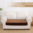 hyha Velvet Couch Cushion Covers, Soft Sofa Seat Covers for sectional 2 Cushion Couch Washable, Magic Sofa Slipcover with Elastic Bottom, Non-Slip Furniture Protector for Pets, Kid(Medium, Brown)