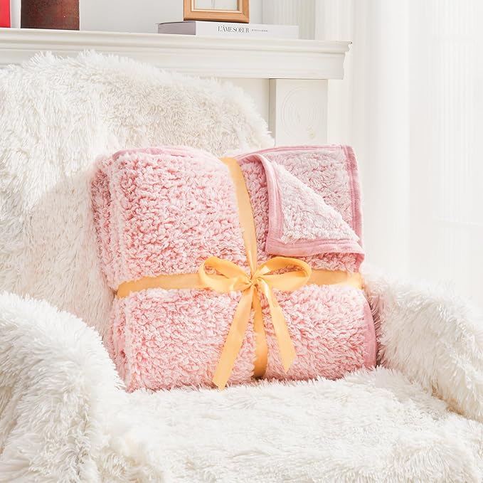 EMME Soft Sherpa Fleece Blanket Reversible Plush Fluffy Large Blanket, Light Weight Warm Decorative Boho Blanket Cover for Sofa, Couch, Bedroom,Travel(Plush Pink,50"x60")