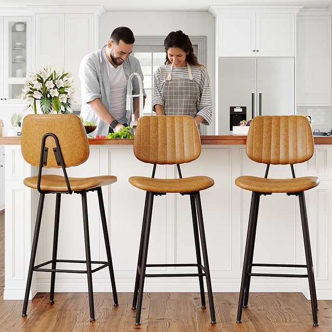 29-Inch Leather Bar Stools Set of 2, Counter Height Barstools with High Backrest，Bar Chairs for Kitchen Island with Heavy Duty Metal Legs, Brown