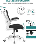 Office Chair, Ergonomic Desk Chair with Adjustable Lumbar Support and Flip up Armrest, Breathable Mesh Computer Chair for Home Office, White