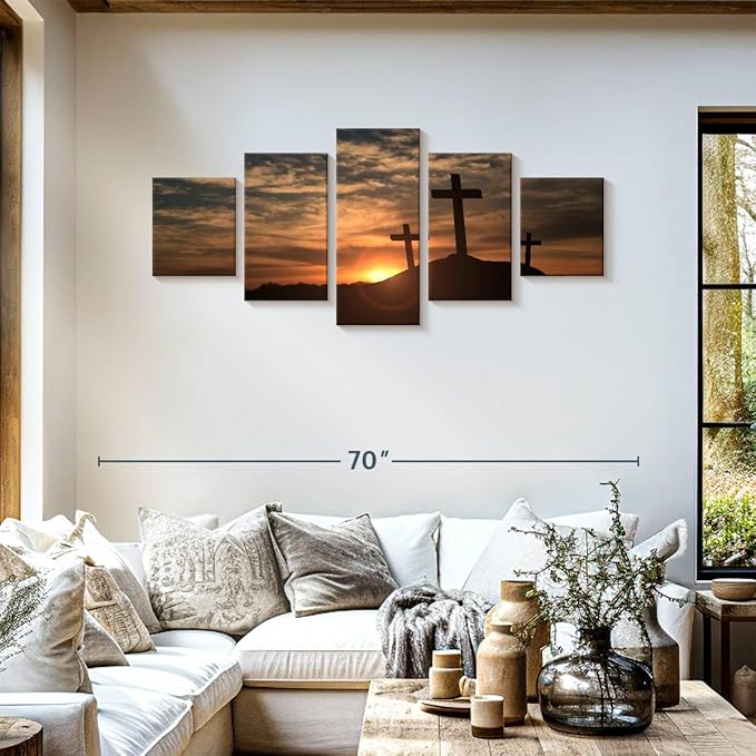 ElephantStock Cross Silhouettes Wall Art Multi Piece Canvas - 5 Panel Christian Pictures Decor - Digital Design Canvas Print - Christian Wall Decor - 55" X 24"