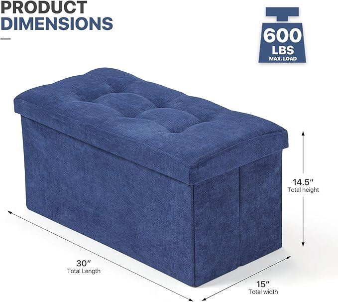 MoNiBloom 30 Inch Storage Ottoman Bench, Rectangle End of Bed Bench, Storage Padded Seat, Linen Fabric Ottoman Footrest for Living Room, Bedroom, Entryway, Navy Blue