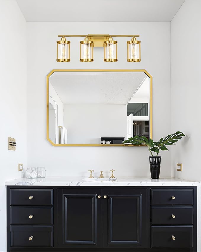 4-Light Brushed Gold Bathroom Light Fixtures, 29 Inch Modern Bathroom Vanity Lighting Fixtures Over Mirror with Clear Glass and Metal Cage Wall Sconce Lights for Bath, E26, OS-3014BG-4W