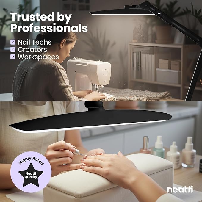 Neatfi XL Nail Desk Lamp with Clamp, 2200 Lumens, 20-Inch Wide Head, Dimmable 4 Levels, 3 Color Modes 3000K–6000K, LED Task Light for Manicure Table, Crafts, Workbench, Office (CCT, Black)