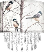 Winter Bird Tree Lamp Shade with Acrylic Bead Droplets, Blue Jay Fabric Light Shade for Pendant Table & Floor Lamp, Nature Gift for Bird lover or Garden Women, 11.8in