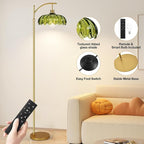 Gold Floor Lamps for Living Room Vintage Green Floor Lamp with Remote Control & Glass Lampshape,Dimmable Mid Century Modern Standing Lamp Tall Flower Lamp Brass Floor lamp for Bedroom Corner