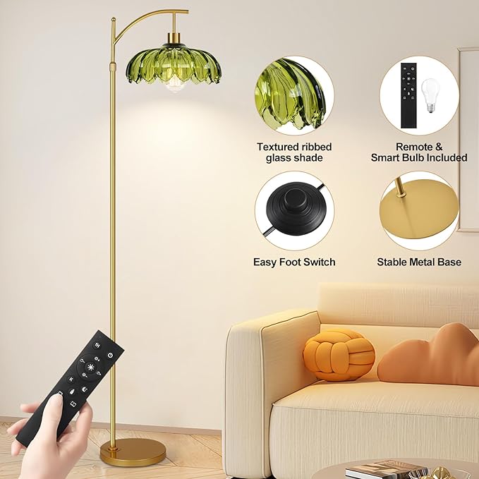 Gold Floor Lamps for Living Room Vintage Green Floor Lamp with Remote Control & Glass Lampshape,Dimmable Mid Century Modern Standing Lamp Tall Flower Lamp Brass Floor lamp for Bedroom Corner