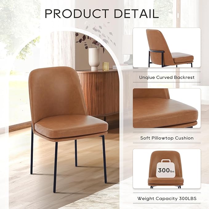 COLAMY Dining Chairs Set of 6, Modern Dining Chair, Leather Upholstered Dining Chairs, Kitchen Chairs with Curved Back and Metal Legs for Dining Room Kitchen Restaurant, Brown
