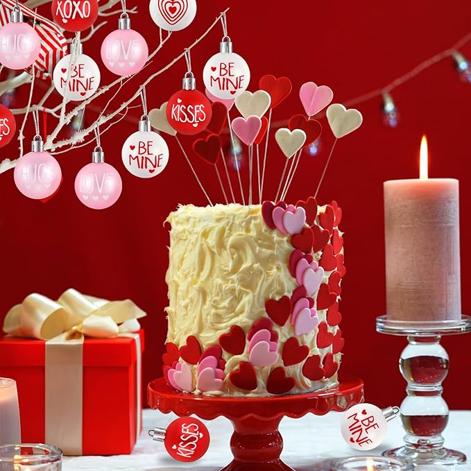 JULMELON 24 Pcs Valentine's Day Ball Ornaments, Red Pink White Heart Decorations with Letters, Plastic Hanging Orbs for Tree Party Supplies Valentine's Day Party Decor