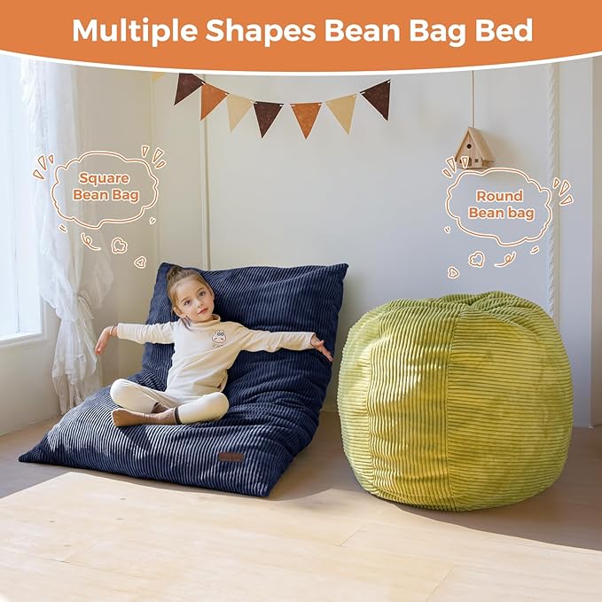 MAXYOYO 3 in 1 Kids Bean Bag Chair Bed, Convertible Chair Folds from Bean Bag to Lounger, Child Floor Sofa for Gaming, Reading, Floor Mattress with High-Density Foam Filling