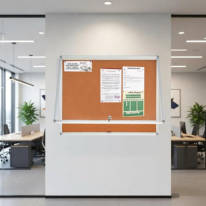 BIBOC EnclosedCork Bulletin Board 36x24 inch Lockable Cork Noticeboard Display Cases Tamperproof Notice Poster Memo Board with Class 1 Aluminum Frame (Cork, 24×36 inches)