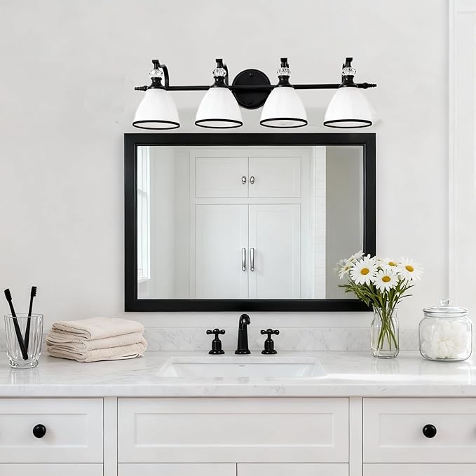 ANDY STAR Vintage Bathroom Light Fixture, 4-Light Vanity Lights, 28 inch Farmhouse Wall Sconces, Black Wall Lamp with Milky Glass, Well-Made Bathroom Lighting Fixtures Over Mirror for Living Room