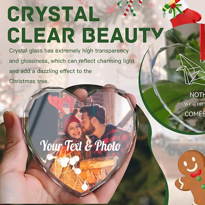 Personalized Christmas Crystal Ornaments Custom Heart Photo Ornament 2024 Customized Christmas Ornament Personalized First Christmas Keepsake Gifts for Couples Family Friends Xmas Decor