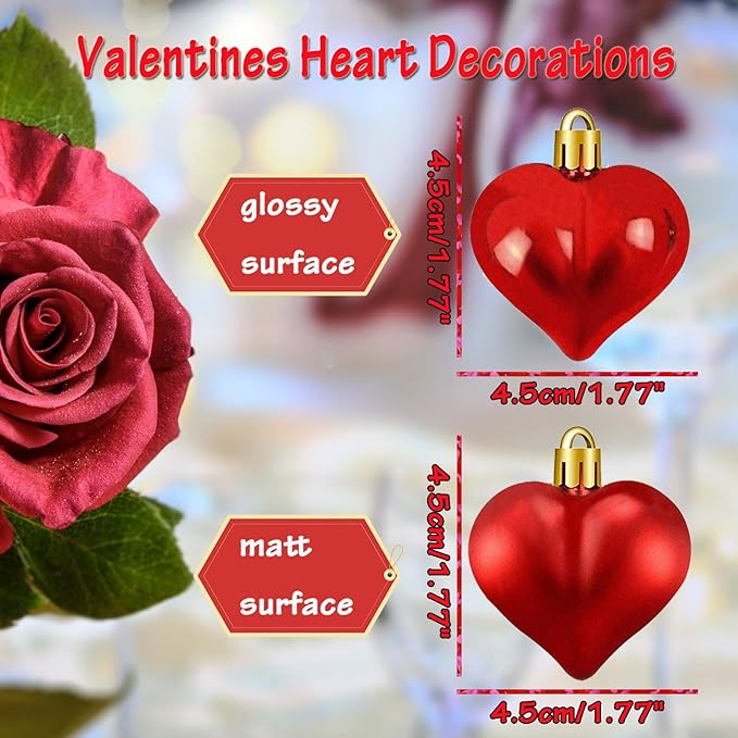 24 Pieces Valentine's Day Heart Shaped Ornaments, Glossy and Matt Heart Baubles Hanging Decorations for Valentine's Day Wedding Anniversary Home Party Decor