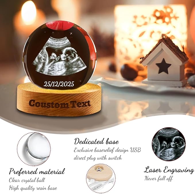 Personalized Ultrasound Photo Crystal Ball Custom Decorative Balls with Colorful Atmosphere Light Ultrasonic Photo Frame Gift for Pregnancy Announcement Birthday Anniversary
