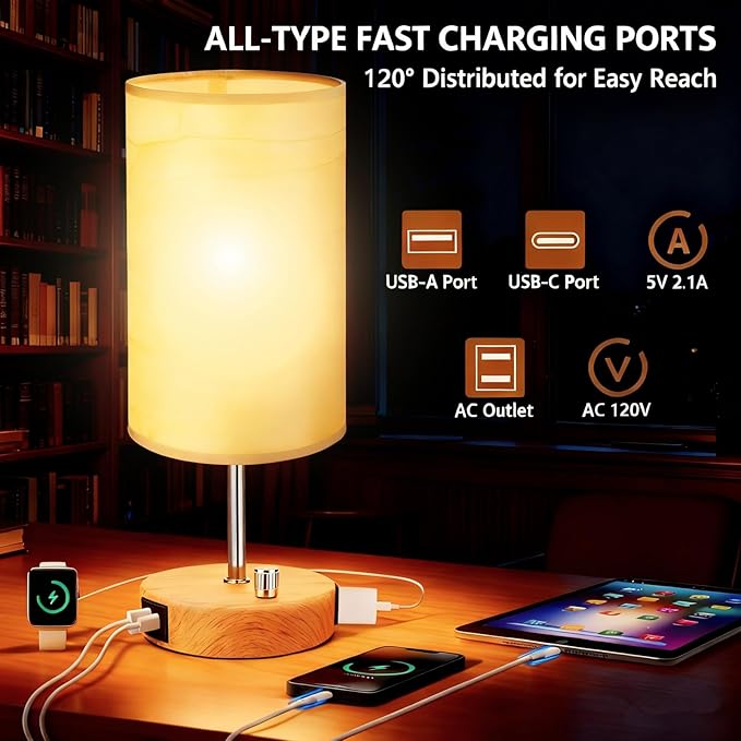 HiBay 2-Pack 17.75" Dimmable Bedside Table Lamps with 2 USB Charging Ports & AC Outlet, Rustic Wood-Grain Nightstand Lights with Parchment Shade for Bedroom Living Room Dorm, Bulb Included