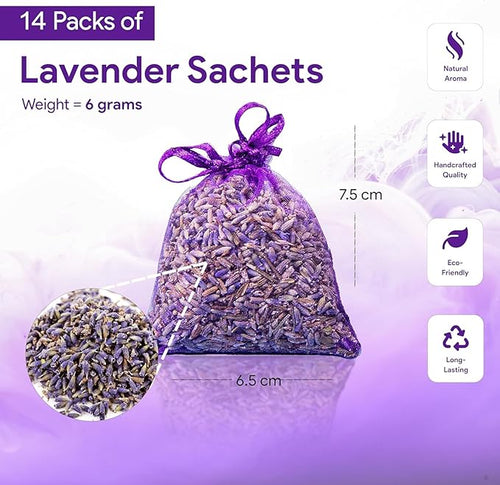 14 Pack Organic Lavender Sachet Bags for Drawers and Closets - Natural Fresh Dried Lavender French Potpourri Bags for Clothes Storage - Scented Sachets for Drawers, Wardrobes, Cars & Home