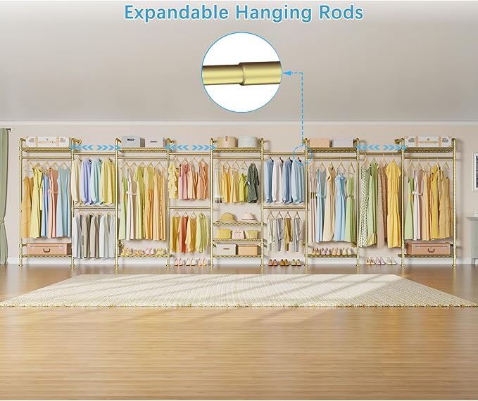 Timate U4 U Shape Garment Rack Heavy Duty Clothes Rack for Hanging Clothes, Expandable Industrial Pipe Clothing Rack Wall Mounted Closet Extra Large Closet Rack Walk in Closet System, Closet Kit Gold
