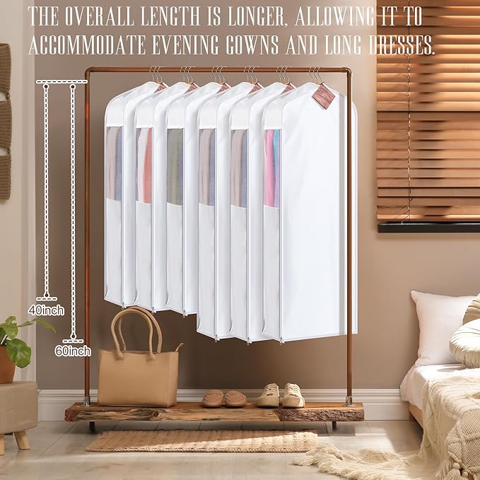 2 Set 60in Long Cotton Garment Bags, 6in Wide Gusset Hanging Storage Clothes with 8 Cedar Blocks, Transparent Mesh Window, Breathable Closet Bags for Fur Coat Suit Sweater Dress, White