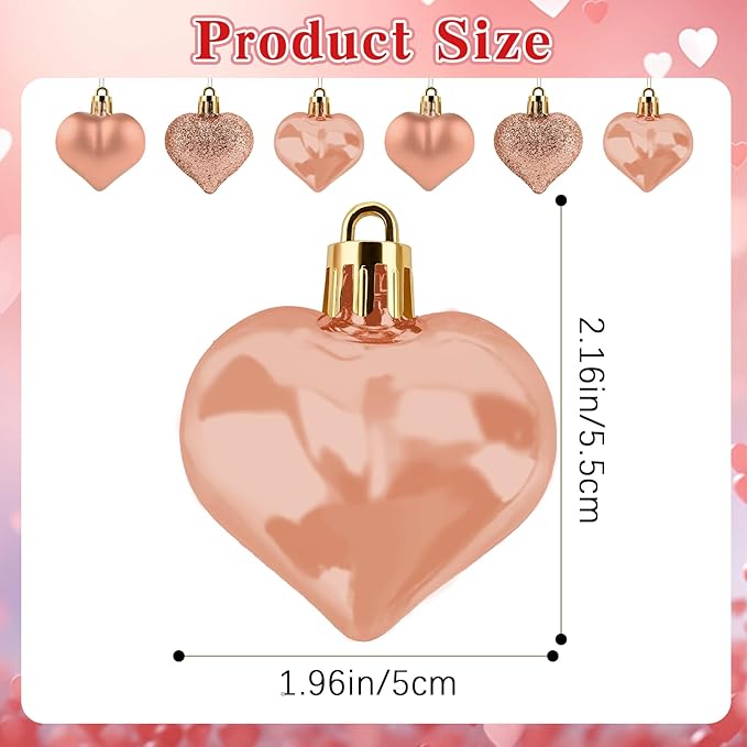 Valentines Day Heart Ornaments, 24Pcs Hanging Heart Ornaments, Glitter Champagne Heart-Shaped Baubles for Outdoor Wedding Anniversary Mother's Day Romantic Galentines Valentines Day Party Decoration