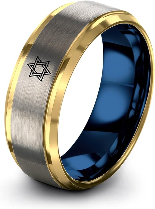Mezuzah star Of David Ring - Gift for Jewish Family - Flat Dome Bevel - 8mm - Men Women - Yellow Gold Black Silver Blue - Anniversary Wedding - Personalized Custom Engraving - Band - Brushed Polished