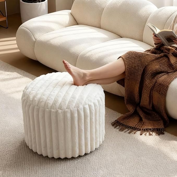 Luxury Round Stuffed Floor Poufs Ottoman, Stripe Faux Fur Footrest with Dual Layer Comfort, Removable Washable Cover, 20"x15" Plush Shaggy Pouf for Living Room Bedroom Vanity, Cream Beige