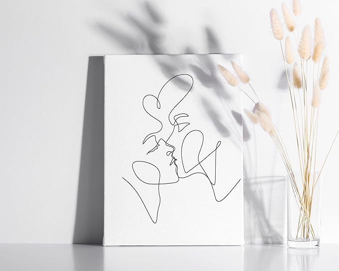 Y2K BOO Kissing Couple Wrapped Canvas Wall Art Romantic Intimacy Continuous Line Drawing 12x16 Inch Gallery Stretched Modern Home Love Art Decor