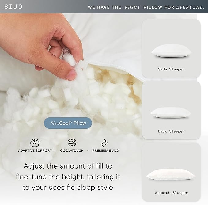 Sijo FlexCool Shredded Memory Foam Pillow - Adjustable Loft Pillow with Cooling Surface - Good Housekeeping 2025 Bedding Award Winner - CertiPUR-US - Medium Firm for Back, Side, Stomach Sleeper (King)