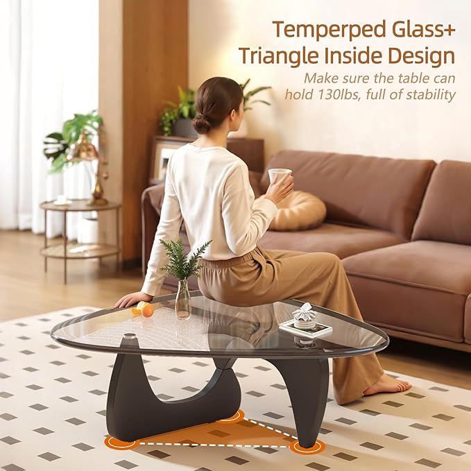 Coffee Table for Living Room Mid Century Modern Center Small Table with Glass Top and Wood, Black Transparent
