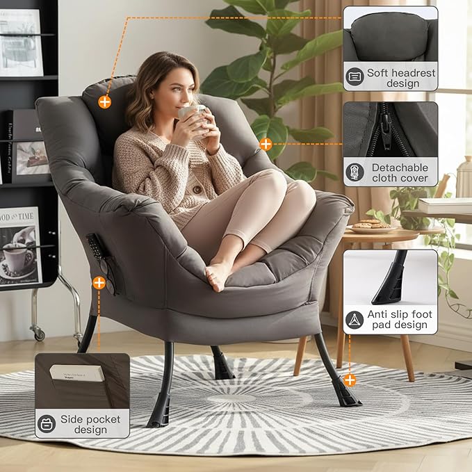 Lazy Chair for Living Room, Large Dark Grey Lounge Accent Chair with a Throw Pillow, Leisure Sofa Chair Set, Comfy Reading Chair for Bedroom, Dorm Room, Office