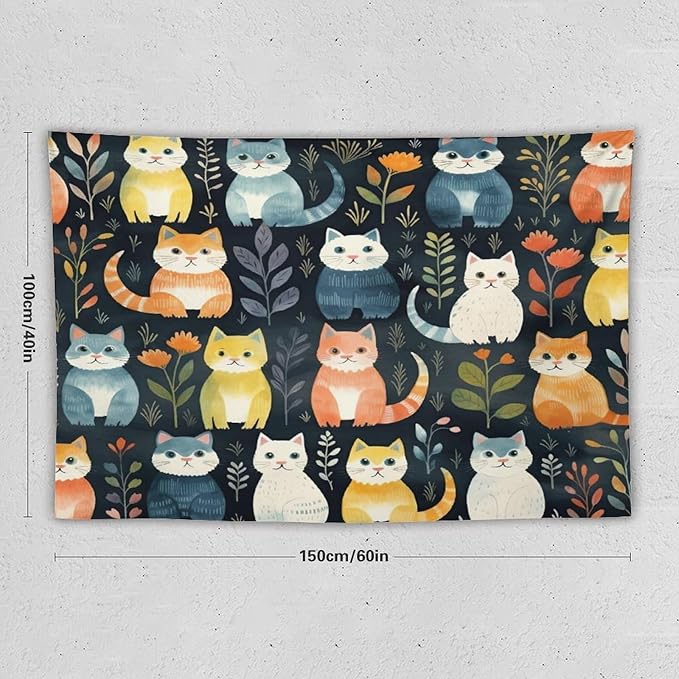 VUMIVI Cartoon Abstract Cat Tapestry Fun Cute Animals Plants Bohemian Modern Art Color Illustration Tapestry Wall Hanging for Living Room Bedroom Dorm Classroom Aesthetic Decor W60xL40in