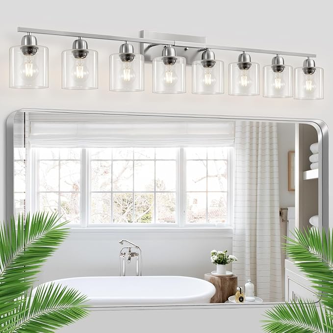 Modern Brushed Nickel 8 Light Bathroom Light Fixtures,52 inch Vanity Lights for Bathroom with Clear Glass for Mirror Kitchen Living Room Hallway Cabinet Porch