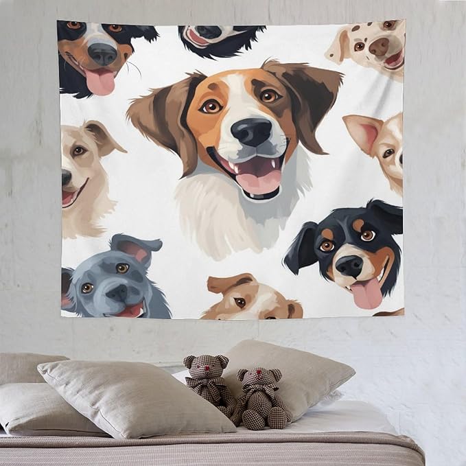 VUMIVI Cartoon Dog Tapestry Black & White Pet Dog Heads Cute Illustration Modern Creative Design Tapestry Wall Hanging for Living Room Bedroom Dorm Classroom Aesthetic Decor W60xL50in