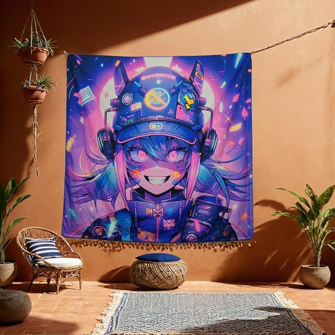 HOUHUANG Hanging paintings, blacklight tapestry, murals, and decorative paintings, fluorescent anime, cartoons, polyester material (59 "x 59") for families, bars, and outdoor parties (Cool girl)