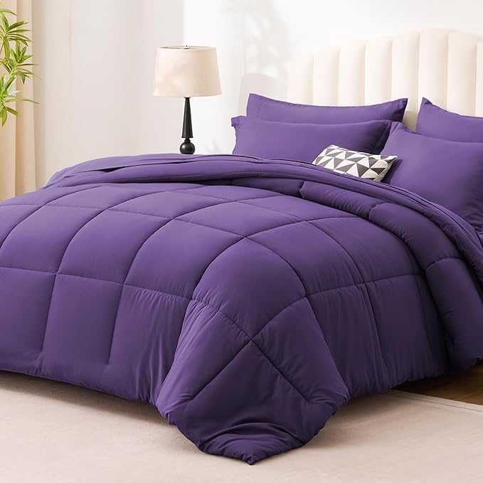 Love's cabin Twin Comforter Set Dark Purple, 5 Pieces Twin Bed in a Bag, All Season Bedding Sets with 1 Comforter, 1 Flat Sheet, 1 Fitted Sheet, 1 Pillowcase and 1 Pillow Sham