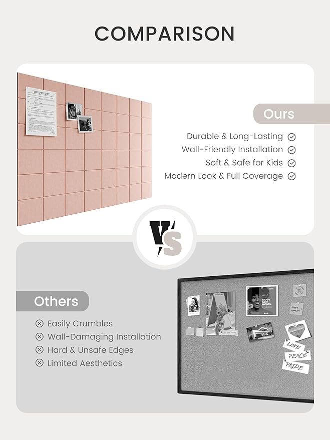 Bumusty Large Felt Bulletin Board, 48" x 36" Cork Board Alternative, 12-Pack Wall Tiles with 4-Compartment Design, 30 Push Pins, 70 Adhesive Tabs, Ideal for Office & Home Decor, Pink