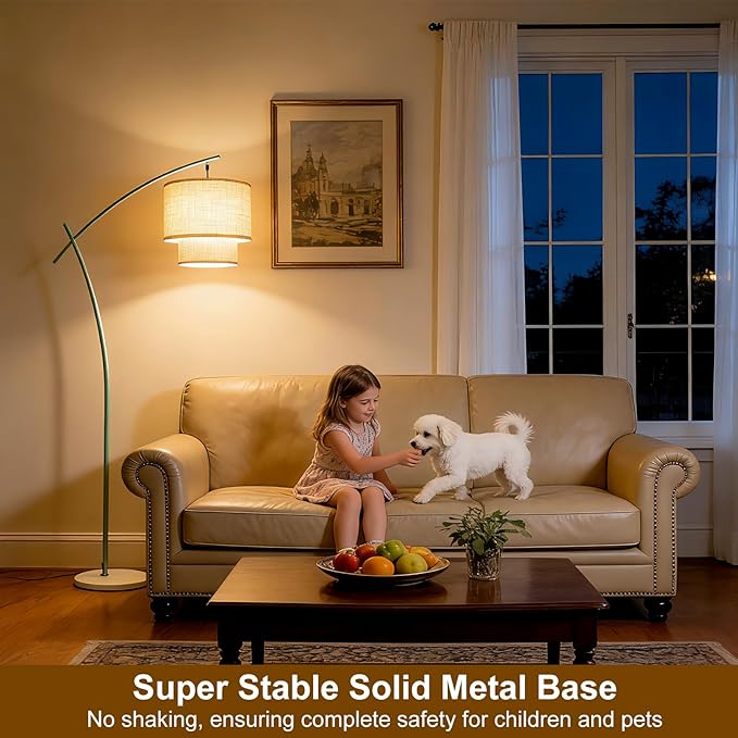 Lightdot Arc Floor Lamp for Living Room, Modern Standing Tall Lamps with Double Linen Lampshade, Tall Hanging Pole Lamp with Bulb Included for Bedroom Sofa Beside/Corner Decor - Grayish Green