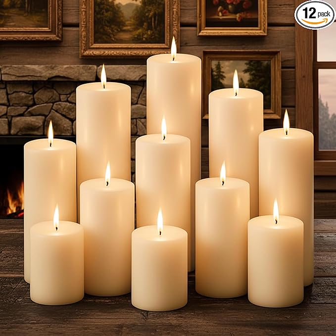 Ivory Pillar Candles Bulk Set of 12, 3 Different Lengths 3 x 3/6/8 Inch (4 Each), Hurricane Candles, Dripless Unscented Smokeless, Gives You a Better Atmosphere When Organizing an Event Party.