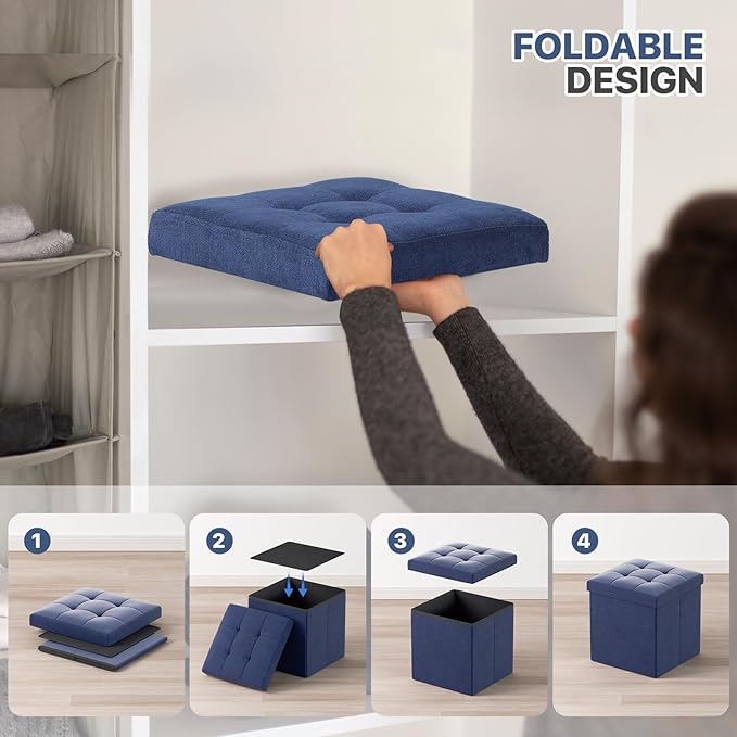 MoNiBloom 15 Inch Storage Ottoman Cube, Folding Square Foot Rest Stool, Small Ottoman Footrest with Storage for Living Room, Bedroom, Entryway, Navy Blue