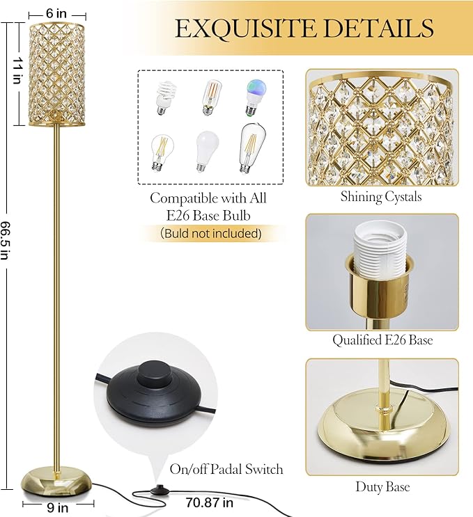 GyroVu Gold Floor Lamp,Elegant Crystal Floor Lamp Modern Standing Lamp with On/Off Foot Switch,Tall Pole Accent Lighting for Living Room, Girl Bedroom, Dresser, Office