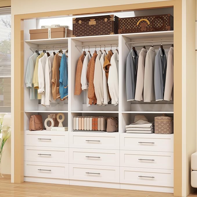 Dilando Closet System with Drawers, 6FT Wood Closet Organizer System 24" Walk-in Closet Corner Small Closets Storage Clothes Rack with Hanging Rods White (6FT)