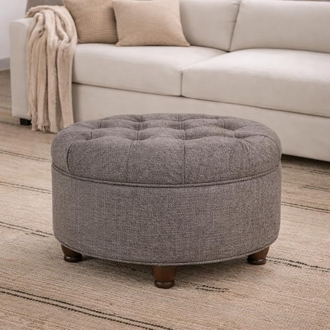 Homepop Home Decor | Button Tufted Woven Round Storage Ottoman | Ottoman with Storage for Living Room & Bedroom (Dark Gray)