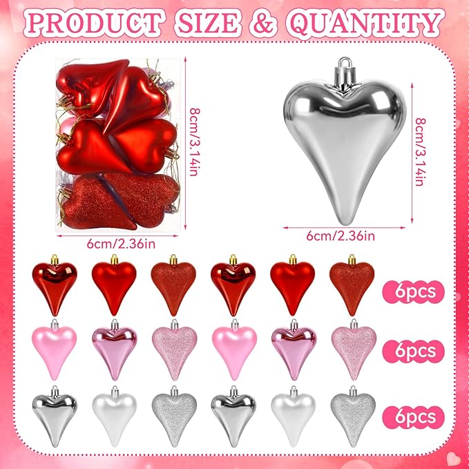 18 Pcs Valentines Tree Heart Ornaments Red Pink Silver Heart Shaped Valentines Tree Decorations 3 Style 3.2" Valentine Ornaments for Christmas Tree Anniversary,Wedding,Party Decoration