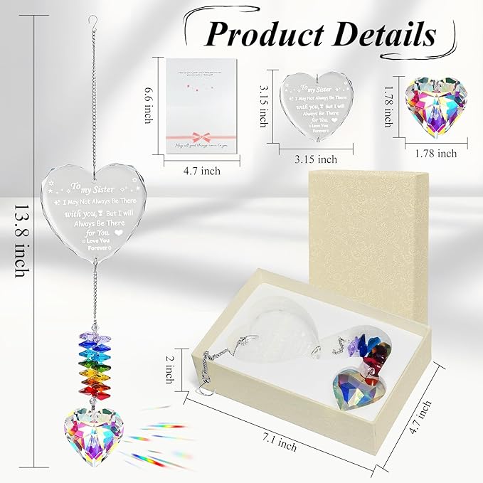 Suncatcher Gifts for Sister, Crystal Suncatcher Gift for Sister Birthday, Personalized Crystal Heart Ornaments Hanging for Windows, to My Sisters' Present Unique Gifts for Sisters