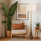 Globe Electric Novogratz x Globe Harrington 65" Floor Lamp, 2-Tone Faux Wood Base, White Fabric Shade, Socket Rotary Switch 67225