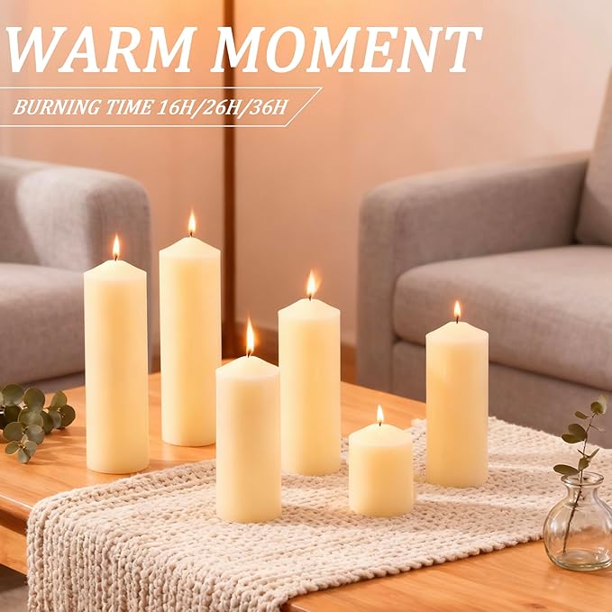 36 Pcs Ivory Pillar Candles Bulk Set，3 Different Lengths 2 x 3/4/6 Inch (12 Each)，Hurricane Candles，Dripless Unscented Smokeless，Gives You a Better Atmosphere When Organizing an Event Party.